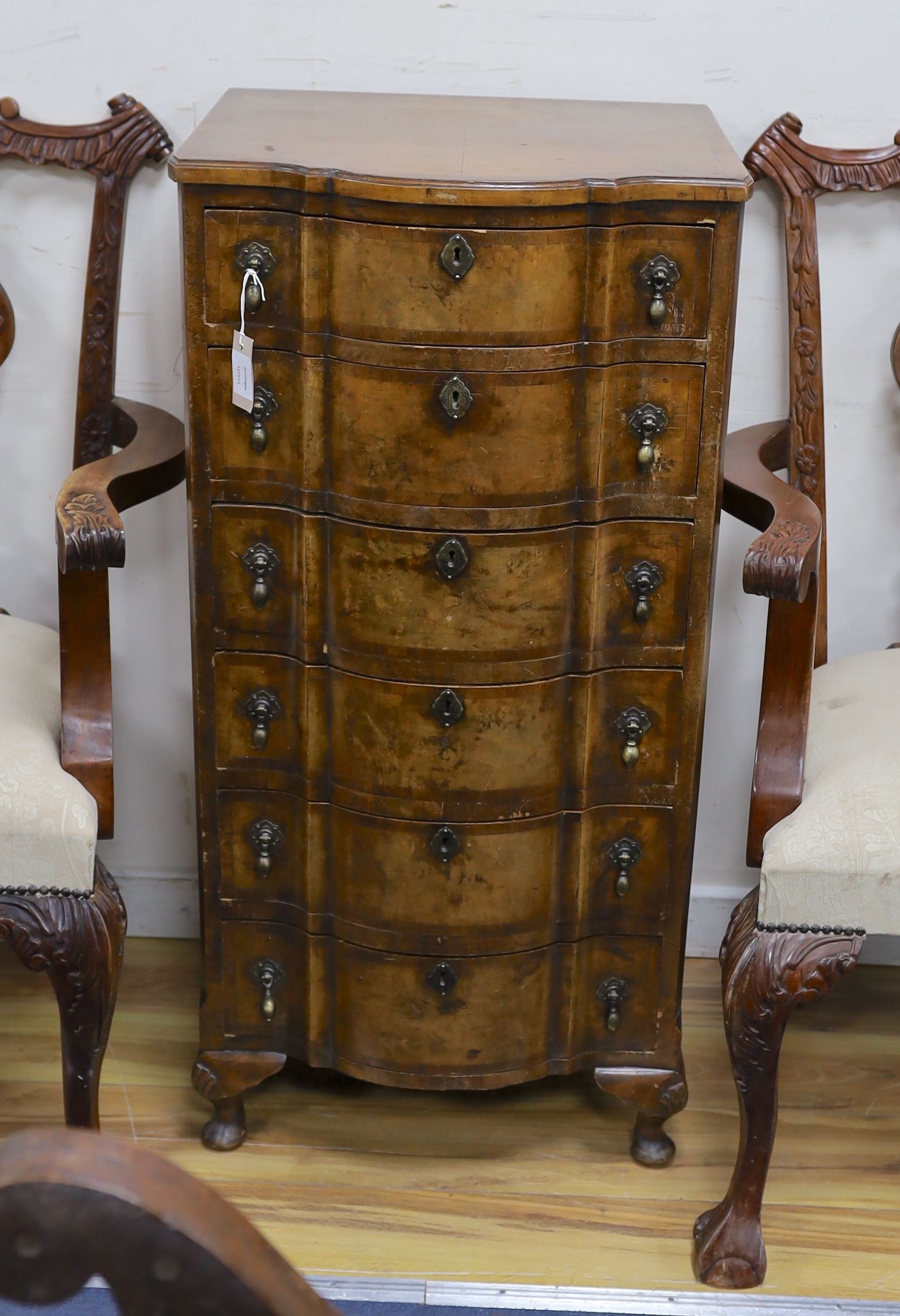 An early 20th century Queen Anne revival banded walnut six drawer tall chest, width 51cm, depth 48cm, height 106cm